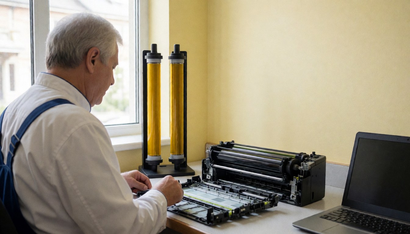 Technicien réparant le fusor d'une imprimante dans un atelier avec de nouveaux rouleaux et un ordinateur portable, murs jaunes clairs, espace pour texte à droite.
