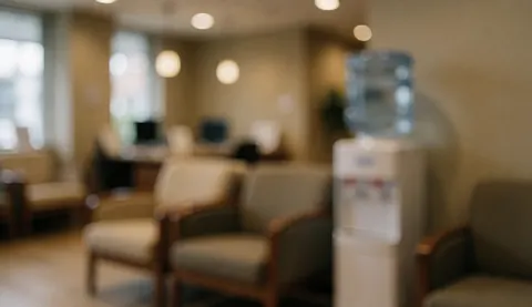 Espace d'attente intérieur avec chaises en bois et tissu, distributeur d'eau et éclairage chaleureux créant une atmosphère de calme professionnel.