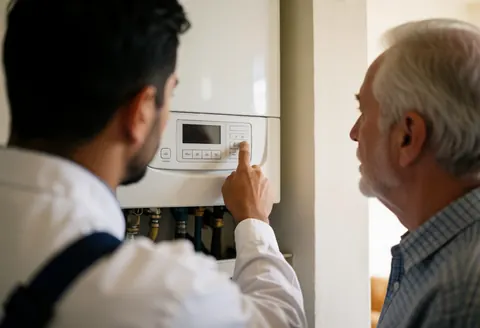 Un technicien ajuste le thermostat d'une chaudière pendant qu'un client observe attentivement dans le couloir d'une maison.