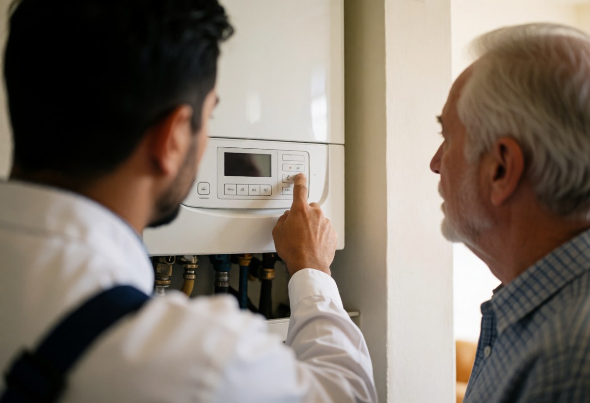 Un technicien ajuste le thermostat d'une chaudière pendant qu'un client observe attentivement dans le couloir d'une maison.