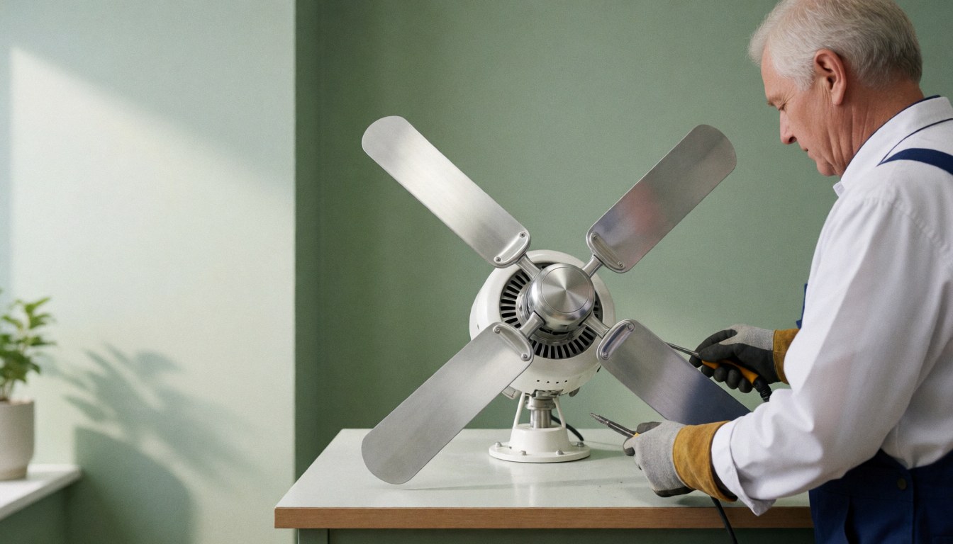 Technicien portant des gants répare un ventilateur de plafond avec quatre pales métalliques sur une table blanche dans un atelier aux murs verts clairs.