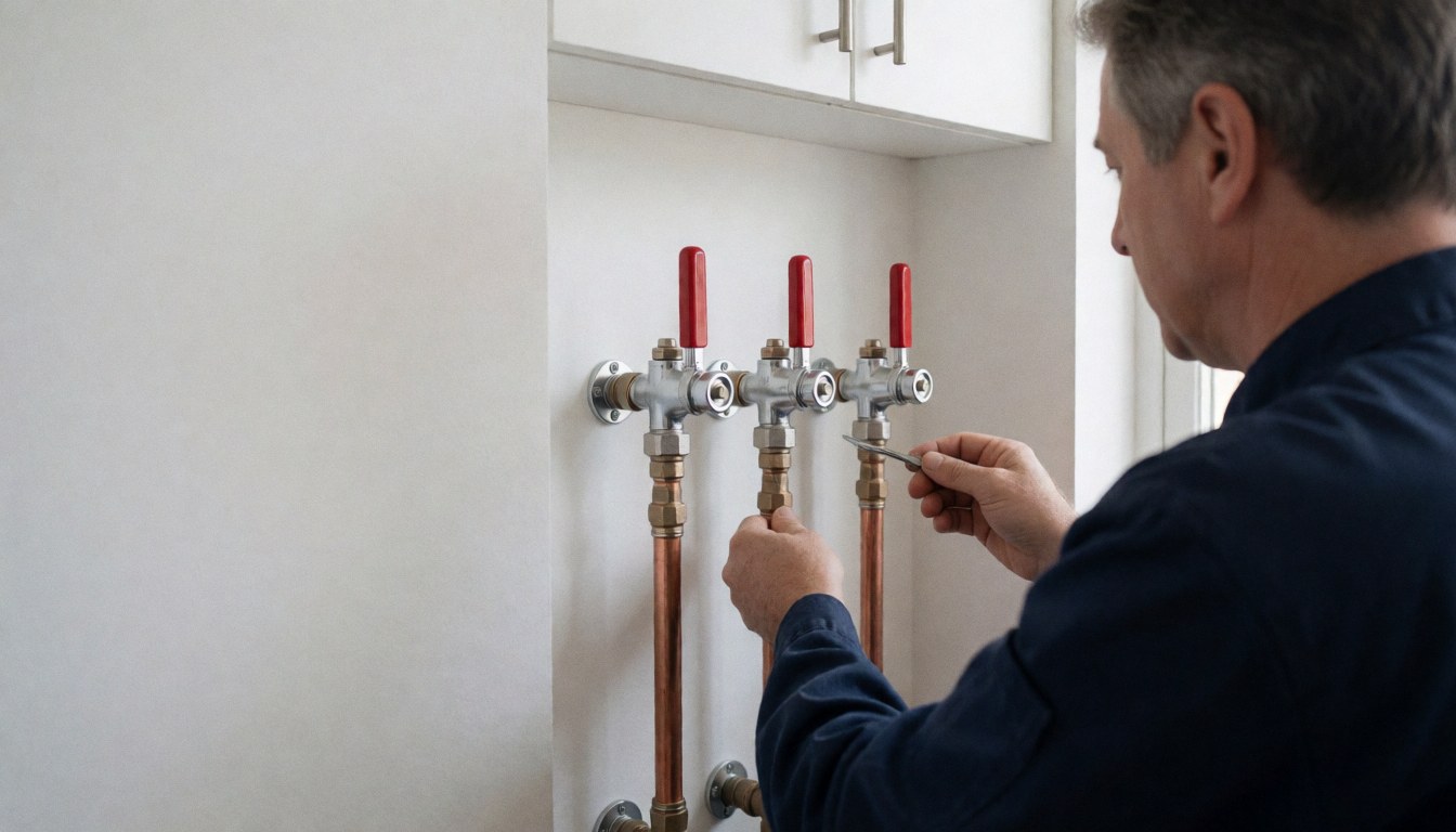 Un plombier professionnel ajuste trois vannes en acier à poignées rouges sur un mur blanc, illustrant un service de réparation de tuyauterie en cours dans un local technique.