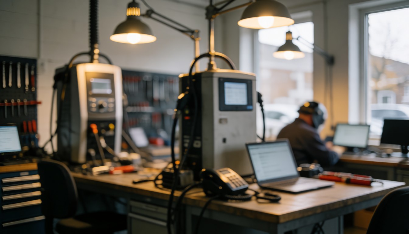 Atelier de réparation de batteries avec machines de charge, outils au mur et personne travaillant sur des ordinateurs sous un éclairage chaud.