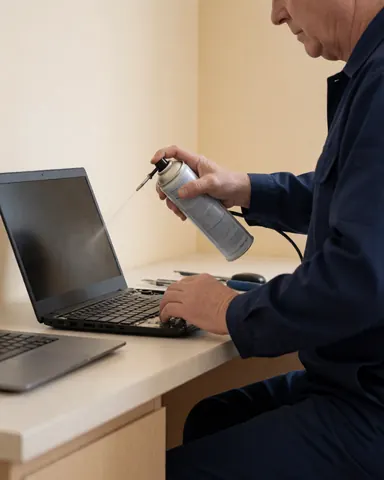 Un technicien en uniforme bleu effectue un nettoyage professionnel d'un ordinateur portable sur une table de travail à l'aide d'un compresseur d'air.