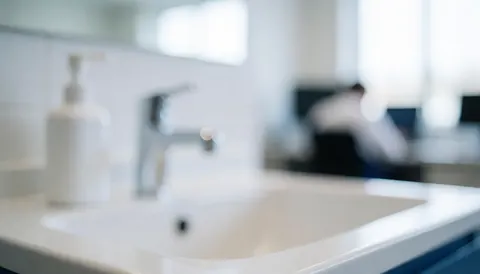 Fond de lavabo blanc avec robinet et bouteille de savon, idéal pour services d'hygiène et bien-être, éclairage diffus et propre.