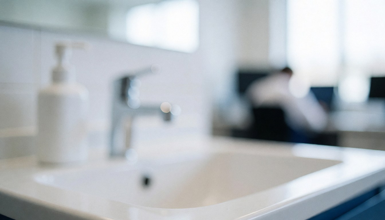 Fond de lavabo blanc avec robinet et bouteille de savon, idéal pour services d'hygiène et bien-être, éclairage diffus et propre.