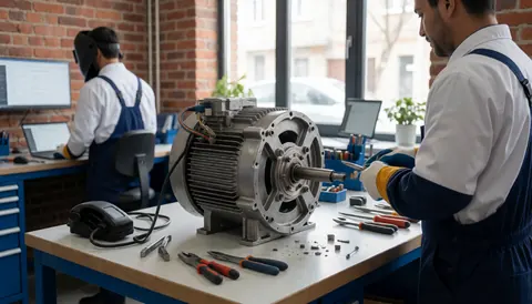Technicien en train de réparer un moteur électrique dans un atelier avec des murs en briques et des outils sur une table éclairés par la lumière naturelle.