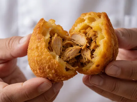 Coxinha brisée tenue par des mains, révélant sa garniture de poulet effiloché et sa pâte dorée, idéale pour la boulangerie.