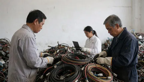 Deux hommes manipulent des câbles électriques recyclés dans un atelier. Une femme utilise un ordinateur portable en arrière-plan, devant des murs blancs.