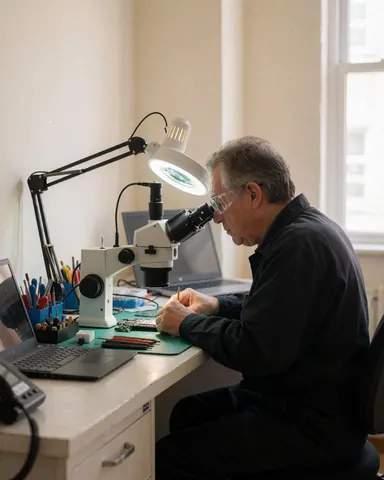 Technicien réparant une carte mère de téléphone portable avec un microscope et des outils dans un atelier de réparation de mobiles éclairé par une lumière de travail.