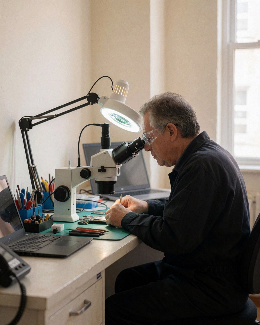 Technicien réparant une carte mère de téléphone portable avec un microscope et des outils dans un atelier de réparation de mobiles éclairé par une lumière de travail.
