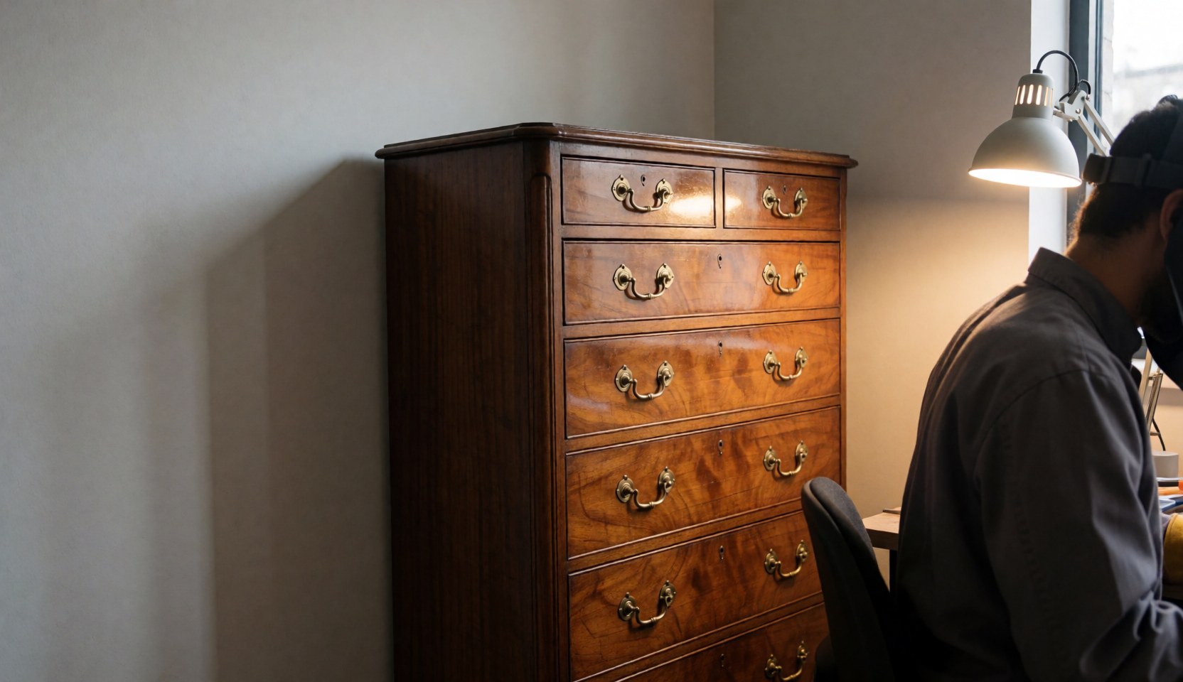 Une commode en bois ancien avec des poignées en bronze, éclairée par une lampe de travail dans un atelier de restauration de meubles.