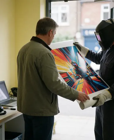 Cliente inspectant un grand banner imprimé aux couleurs vives, tenu par du personnel technique dans un atelier aux murs jaunes clairs.
