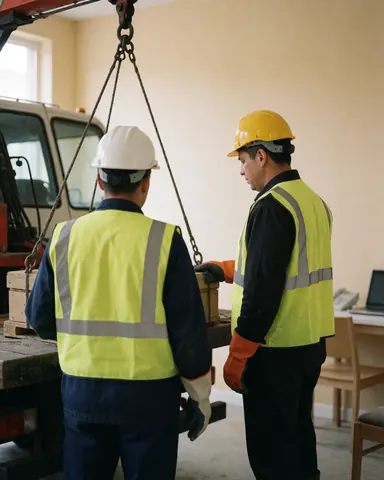 Deux opérateurs en casques et gilets de sécurité observent une grue abaissant une caisse en bois sur une palette dans un atelier industriel.