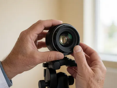 Mains ajustant un objectif de caméra sur un trépode noir devant un mur beige. Lumière naturelle diffuse éclaire l'équipement photo professionnel préparé pour un événement.