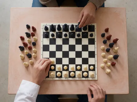 Deux mains manipulent des pièces d'échecs sur un échiquier blanc et noir posé sur une table en bois, dans un contexte éducatif et ludique.