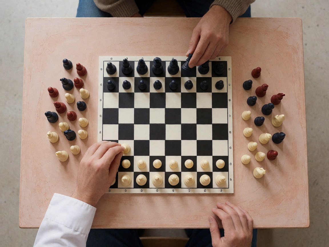 Deux mains manipulent des pièces d'échecs sur un échiquier blanc et noir posé sur une table en bois, dans un contexte éducatif et ludique.