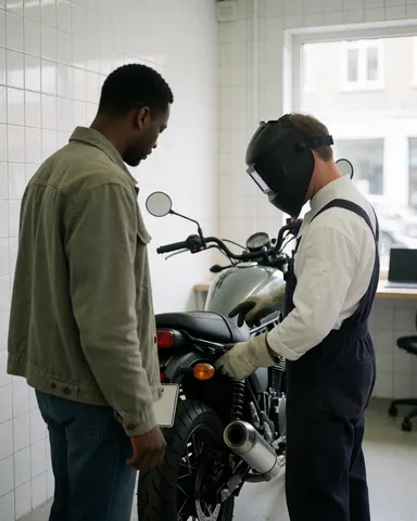 Un mécanicien en casque de soudure examine le système d'échappement d'une moto pendant qu'un client observe dans un atelier lumineux.