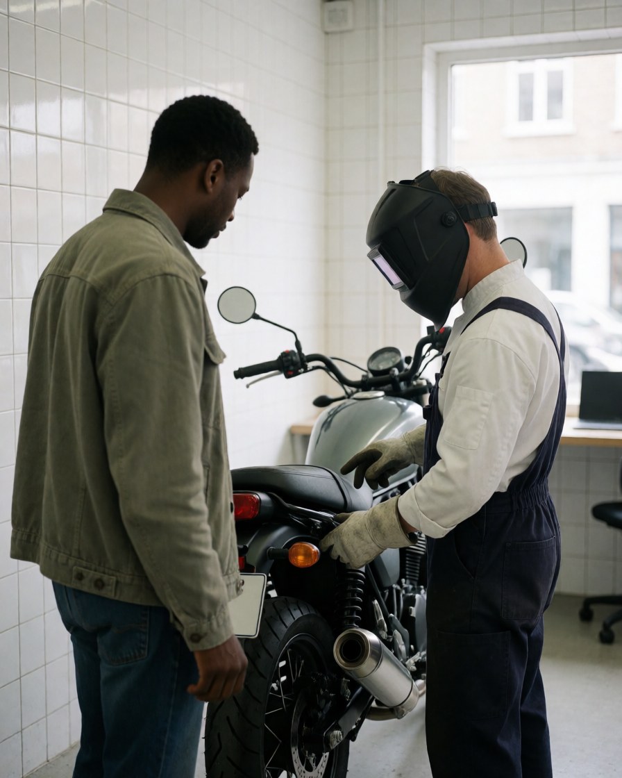 Un mécanicien en casque de soudure examine le système d'échappement d'une moto pendant qu'un client observe dans un atelier lumineux.