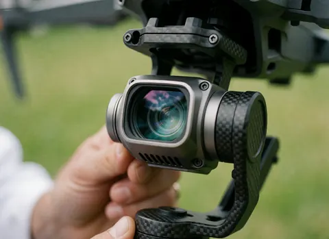 Lentille thermique de drone fixée sur un cardan en carbone, tenue par une main, avec de l'herbe verte floue en arrière-plan, idéale pour un photographe aérien professionnel.