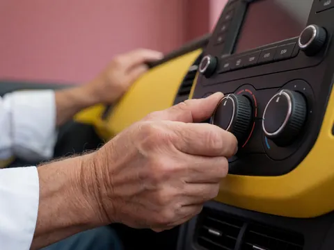 Une main adulte règle le bouton de température sur la console centrale d'un taxi jaune, avec un mur rose en arrière-plan.