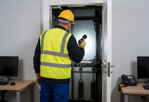 Un technicien en casque et gilet de sécurité examine l'intérieur d'un ascenseur avec une lampe, révélant les mécanismes et les parois grises.
