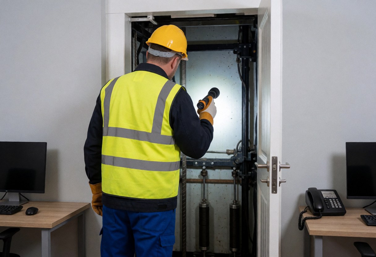 Un technicien en casque et gilet de sécurité examine l'intérieur d'un ascenseur avec une lampe, révélant les mécanismes et les parois grises.