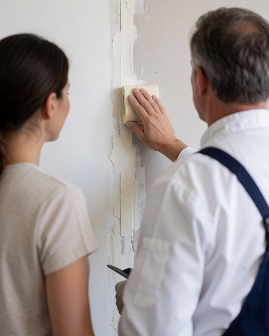 Travailleur en tablier applique du mastic sur une bande de papier posée sur un mur pendant qu'un client observe attentivement la scène de réparation.