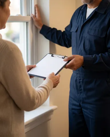 Un technicien en uniforme bleu présente un classeur à un client satisfait à côté d'une fenêtre fraîchement installée, dans un intérieur éclairé par une lumière chaude avec un fond flou.