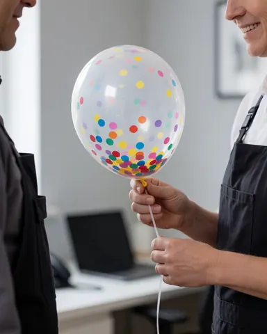 Un professionnel remet un ballon transparent rempli de confetti à un client souriant dans un bureau aux murs gris clair.