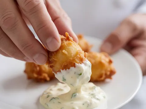 Une main saisit une coquille frite croustillante accompagnée de sauce sur une assiette blanche, détail alimentaire attractif pour un établissement touristique.