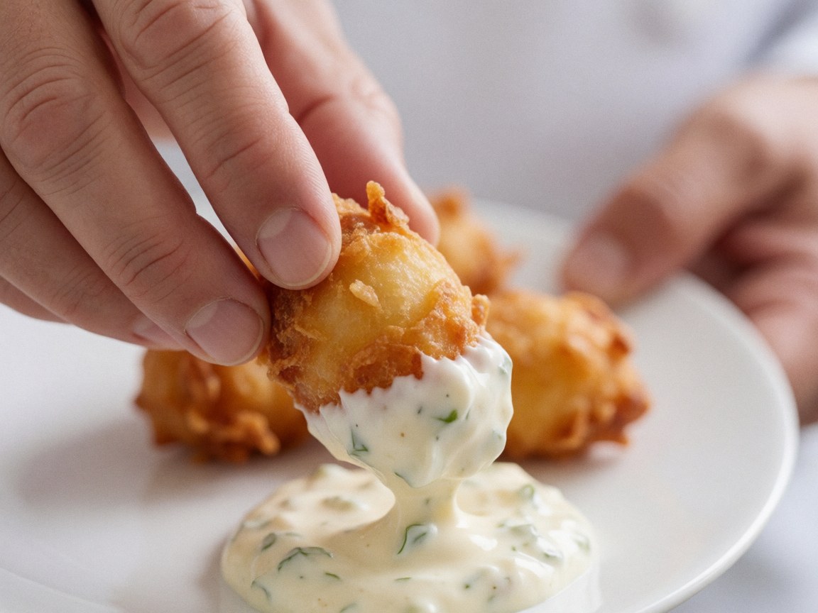 Une main saisit une coquille frite croustillante accompagnée de sauce sur une assiette blanche, détail alimentaire attractif pour un établissement touristique.