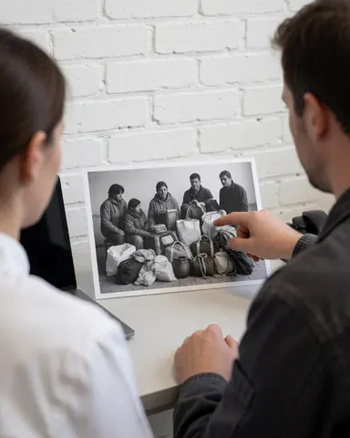 Une cliente pointe un détail sur une photographie en noir et blanc représentant des migrants posée sur une table devant un mur de briques blanches.