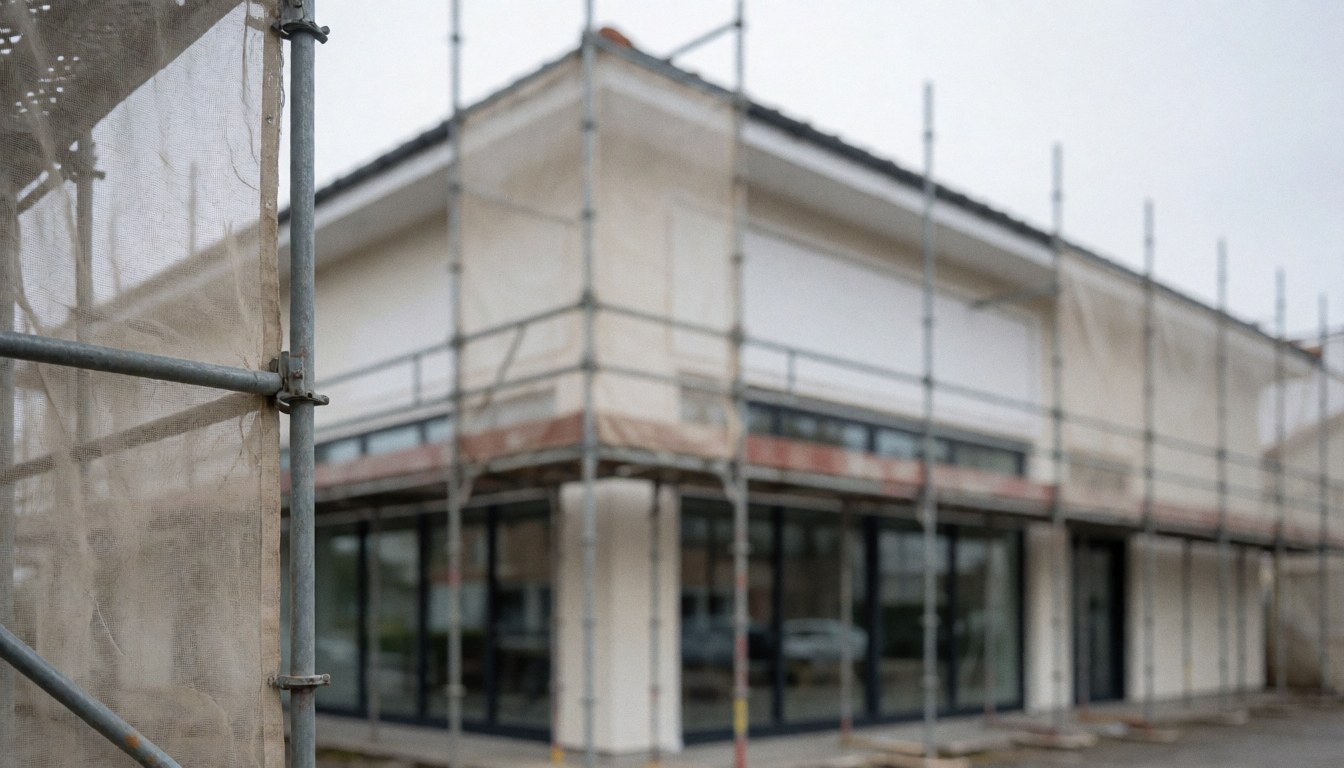 Façade d'un bâtiment commercial équipée d'échafaudages métalliques et d'un filet de protection, prête pour l'installation de fenêtres, dans un contexte de chantier professionnel.