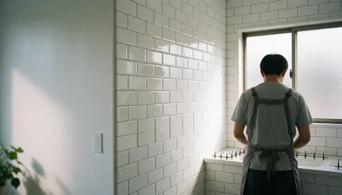 Un carreleur professionnel installe des carreaux de céramique blancs dans une salle de bain baignée de lumière naturelle, avec un espace vide pour ajouter du texte.