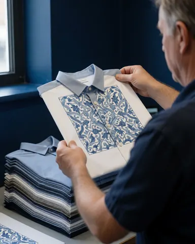 Un employé examine une chemise bleue imprimée posée sur une pile de vêtements dans un atelier aux murs bleus.