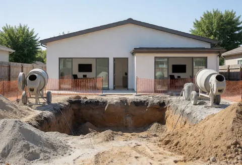 Maison avec fosse excavée pour piscine, malaxeurs à béton et clôtures orange, scène de chantier sans personnes.