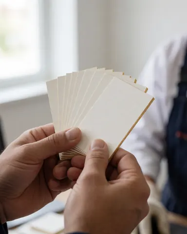 Mains tenant des cartes imprimées avec un bord doré, sur un fond de atelier flou éclairé par la lumière naturelle.