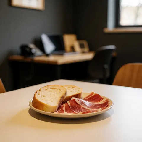 Assiette contenant des tranches de jambon ibérique et du pain frais posée sur une table blanche devant un mur gris, éclairage chaleureux, idéal pour une classe d'espagnol.