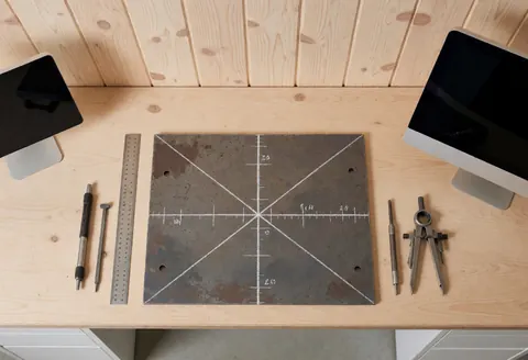 Scène de préparation industrielle avec plaque d'acier marquée, règle, compas et mur en bois, idéale pour un atelier de soudure.
