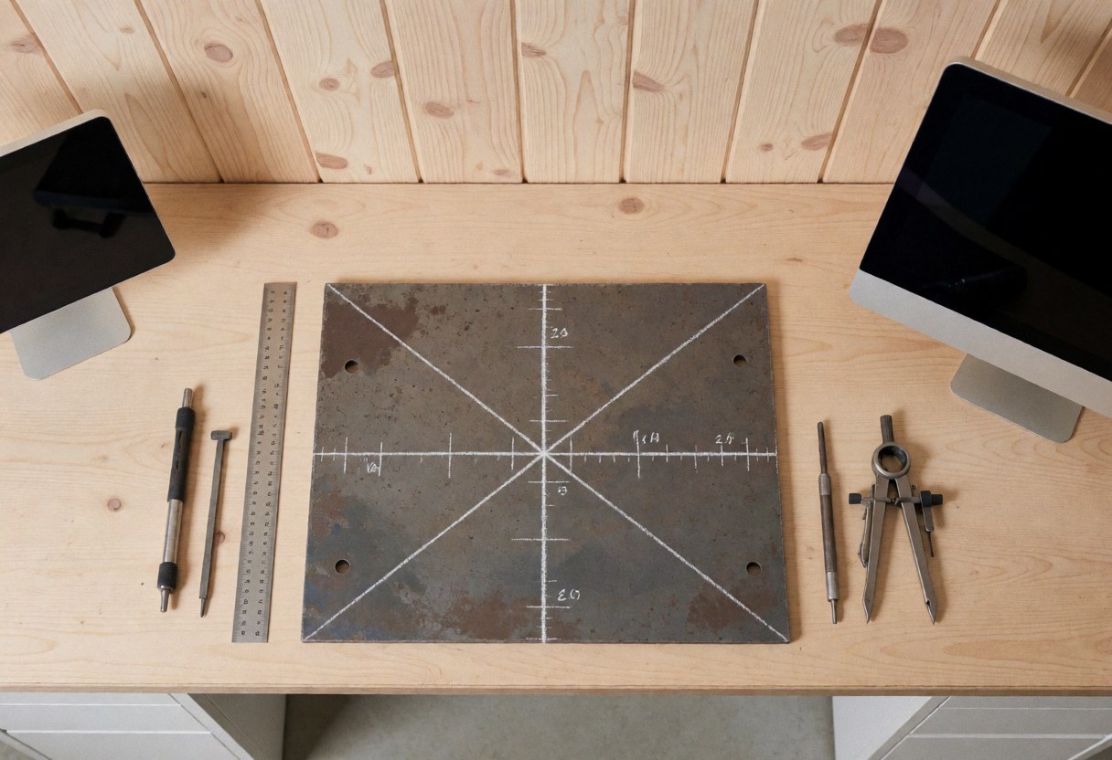Scène de préparation industrielle avec plaque d'acier marquée, règle, compas et mur en bois, idéale pour un atelier de soudure.