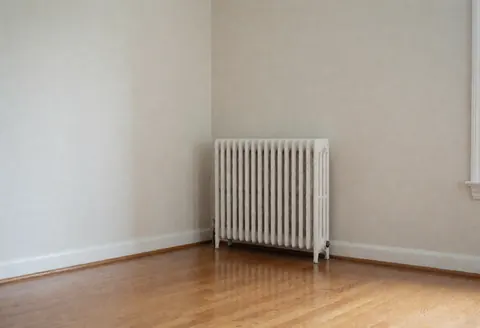 Radiateur blanc placé dans un coin d'un salon aux murs neutres et au sol en bois, évoquant un intérieur propre et ordonné.