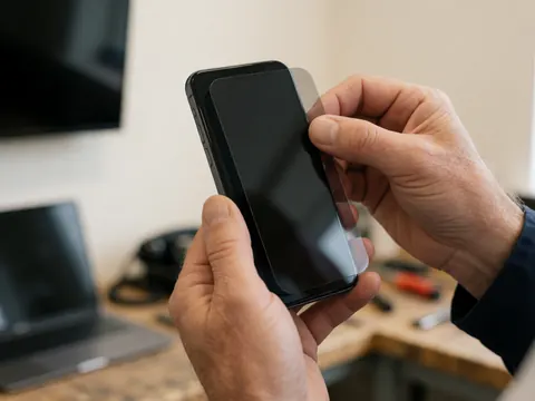Des mains posant un filtre de confidentialité sur un écran de smartphone dans un atelier de réparation, avec des outils de précision visibles en arrière-plan pour le travail technique.