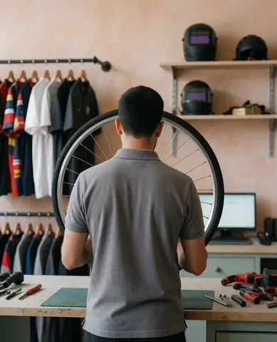 Entraîneur de cyclisme inspectant une roue de vélo dans un atelier avec outils et casques visibles.