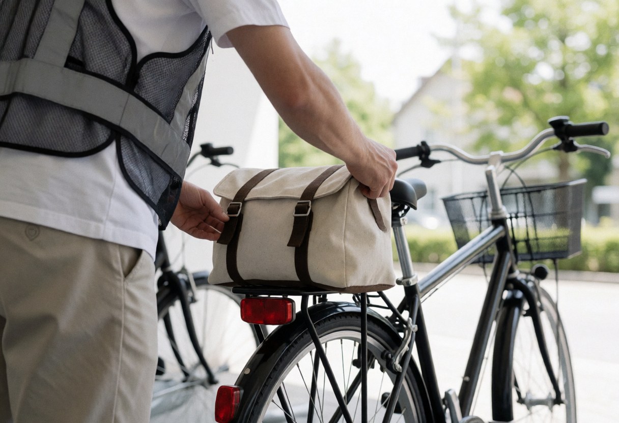 Un cycliste portant un gilet réfléchissant ajuste une sacoche en tissu sur le porte-bagages de son vélo dans un parking calme, se préparant pour une course en taxi vélo.