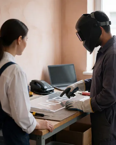 Un ouvrier portant un casque de soudage et des gants présente une enseigne acrylique à une cliente sur une table de travail dans un atelier d'impression.