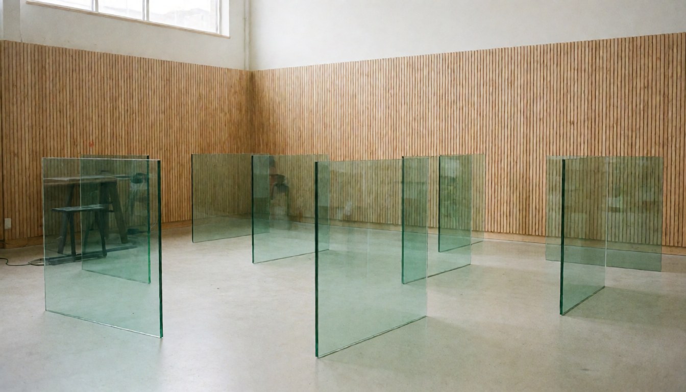Panneaux de verre trempé debout dans un atelier avec murs en bois et sol en béton, éclairé par la lumière naturelle, idéal pour une entreprise de réparation de fenêtres.