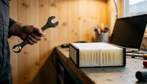 Un filtre à air neuf posé sur une table de travail dans un atelier mécanique avec un mur en bois et une main tenant une clé anglaise.