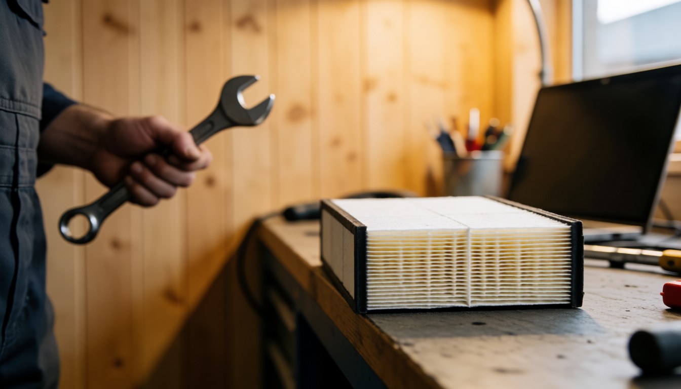 Un filtre à air neuf posé sur une table de travail dans un atelier mécanique avec un mur en bois et une main tenant une clé anglaise.