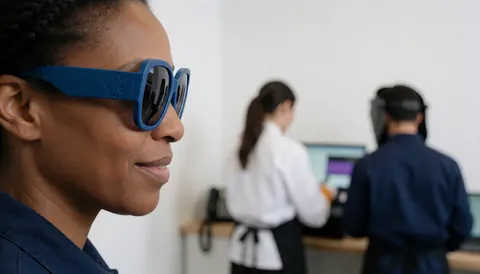 Une femme aux lunettes bleues avec une silhouette de personnage regarde vers un centre de loisirs aux murs blancs et au personnel en arrière-plan.